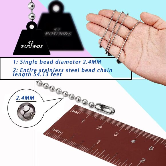 Ball Bead Chain, 55ft Stainless Steel Chain Ball Chain Necklace Bulk with 100 Pi - Picture 3 of 7